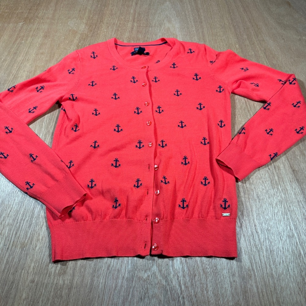Tommy Hilfiger Cardigan Women S Red Anchor Print Pima Cotton Nautical Preppy